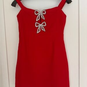 Self-Portrait Red Crystal Bow Crepe Mini Dress